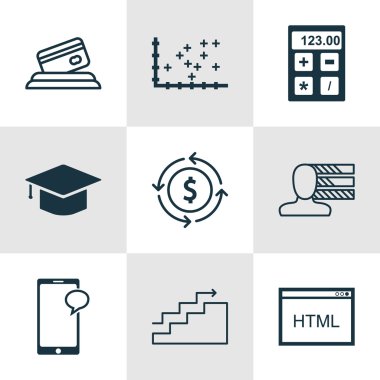 9 evrensel düzenlenebilir simgeler kümesi istatistik, Havaalanı ve reklam konular için. Büyüme, mezuniyet, mesajlaşma gibi simgeler ve daha fazlasını içerir.