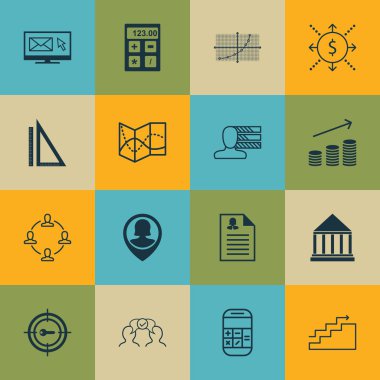 Pazarlama, reklam ve iş yönetimi konuları için 16 evrensel düzenlenebilir simgeler kümesi. Hizalamak, kadın uygulama, Eğitim Merkezi ve daha fazlası gibi simgeleri içerir.