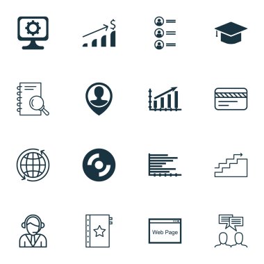 16 evrensel düzenlenebilir simgeler kümesi Havaalanı, eğitim ve reklam konular için. Kar grafiği, operatör, Pc ve daha fazlası gibi simgeleri içerir.