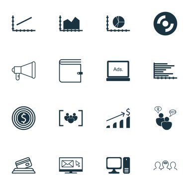 Bilgisayar donanım, istatistik ve proje yönetimi konuları 16 evrensel düzenlenebilir simgeler kümesi. Sıra grafik, boş Cd, m-cüzdan ve daha fazlası gibi simgeleri içerir.
