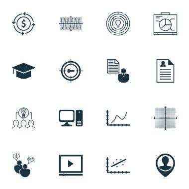 Pazarlama, reklam ve seyahat konular için 16 evrensel düzenlenebilir simgeler kümesi. Analytics, birlikte çalışma çözümü, mezuniyet ve daha fazlası gibi simgeleri içerir.