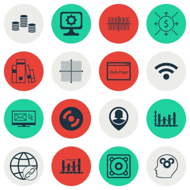 Proje Yönetimi, insan kaynakları ve bilgisayar donanım konuları için 16 evrensel düzenlenebilir simgeler kümesi. Beyin sürecinin, Grafik kılavuz, anahtar kelime optimizasyonu ve daha fazlası gibi simgeleri içerir.