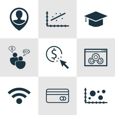 9 evrensel düzenlenebilir simgeleri bir dizi pazarlama, Havaalanı ve insan kaynakları konular için. Seo beyin fırtınası, çalışanın konumu, plastik kart ve daha fazlası gibi simgeleri içerir.