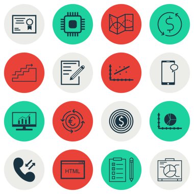 16 evrensel düzenlenebilir simgelerin seyahat, istatistik ve insan kaynakları konular için ayarlayın. İş hedefi, Analytics, yönetim kurulu ve daha fazlası gibi simgeleri içerir.