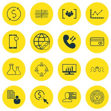 16 evrensel düzenlenebilir simgeleri bir dizi reklam, iş yönetimi ve eğitim konuları. Para Trasnfer, bağlantı, gibi simgeleri içerir ve daha fazla koçluk.