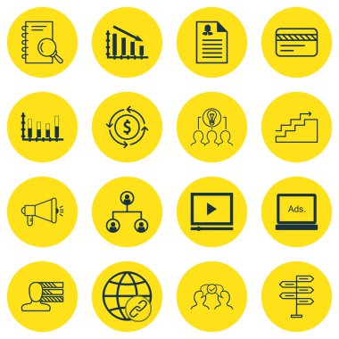 16 evrensel düzenlenebilir simgeleri bir dizi reklam ve pazarlama konuları seyahat için. Video oynatıcı, banka kartı, büyüme ve daha fazlası gibi simgeleri içerir.