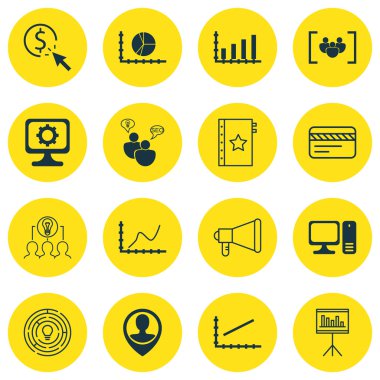 16 evrensel düzenlenebilir simgeler kümesi istatistik, bilgisayar donanım ve proje yönetimi konuları için. Seo beyin fırtınası, anket, yenilik ve daha fazlası gibi simgeleri içerir.