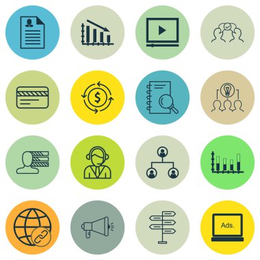 16 evrensel düzenlenebilir simgeleri bir dizi proje yönetimi, Havaalanı ve konular pazarlama için. Kesimli çubuk grafik, dijital medya, Video oynatıcı ve daha fazlası gibi simgeleri içerir.