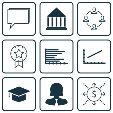 9 evrensel düzenlenebilir simgeler kümesi Seo, eğitim ve istatistik konular için. Mevcut rozet, iş kadını, işbirliği ve daha fazlası gibi simgeleri içerir.