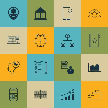 16 evrensel düzenlenebilir simgeler kümesi iş yönetimi, proje yönetimi ve istatistik konular için. Bilgisayar, mesajlaşma, Cosinus diyagramı ve daha fazlası gibi simgeleri içerir.