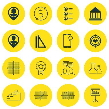 İnsan kaynakları, istatistik ve proje yönetimi konuları için 16 evrensel düzenlenebilir simgeler kümesi. Çalışanın konumu, ölçüm, grafik ızgara ve daha fazlası gibi simgeleri içerir.