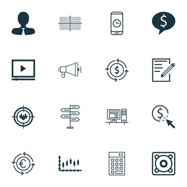 16 evrensel düzenlenebilir simgeleri bir dizi eğitim, pazarlama ve seyahat konular. Medya kampanyası, iş anlaşması, para birimi geri dönüşüm ve daha fazlası gibi simgeleri içerir.