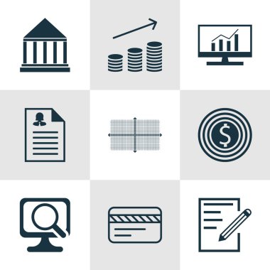 9 evrensel düzenlenebilir simgeler kümesi istatistikleri, reklam ve eğitim konuları için. Paralar büyüme, banka kartı, kadın uygulaması ve daha fazlası gibi simgeleri içerir.