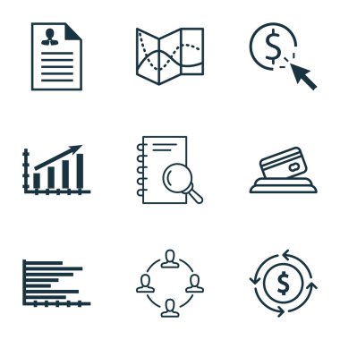 9 evrensel düzenlenebilir simgelerin istatistikleri, Seo ve seyahat konular için ayarlayın. Yol haritası, çubuk grafik, özgeçmiş gibi simgeleri ve daha fazlasını içerir.