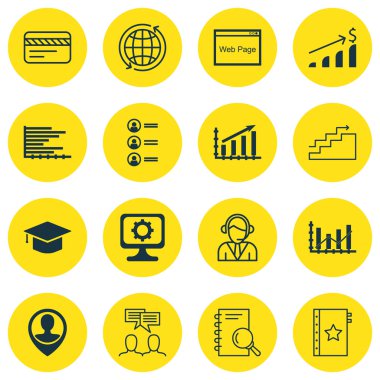 16 evrensel düzenlenebilir simgelerin eğitim, Havaalanı ve seyahat konular için ayarlayın. Yükseltme diyagramı, başarılı yatırım, mezuniyet ve daha fazlası gibi simgeleri içerir.