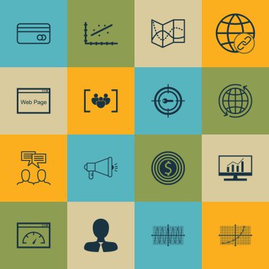 16 evrensel düzenlenebilir simgeleri bir dizi proje yönetimi, reklam ve Havaalanı konular için. Pazar araştırması, Cosinus diyagramı, anket ve daha fazlası gibi simgeleri içerir.