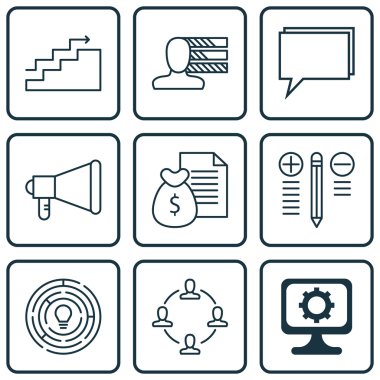 9 evrensel düzenlenebilir simgeleri bir dizi proje yönetimi, pazarlama ve bilgisayar donanım konuları için. Pc, büyüme, kişisel becerileri ve daha fazlası gibi simgeleri içerir.