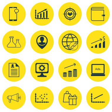 16 evrensel düzenlenebilir simgeleri bir dizi eğitim, reklamcılık ve istatistik konular. Paralar büyüme, dijital medya ve daha fazlası gibi başarılı yatırım, simgeleri içerir.