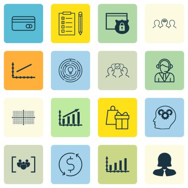 16 evrensel düzenlenebilir simgeleri bir dizi reklam, proje yönetimi ve Seo konular için. Yenilik, iş kadını, Koçluk gibi simgeler ve daha fazlasını içerir.