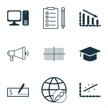 9 evrensel düzenlenebilir simgeleri bir dizi pazarlama, insan kaynakları ve istatistik konular için. Uyarı mektubu, kare diyagramı ve daha fazla medya kampanyası gibi simgeleri içerir.