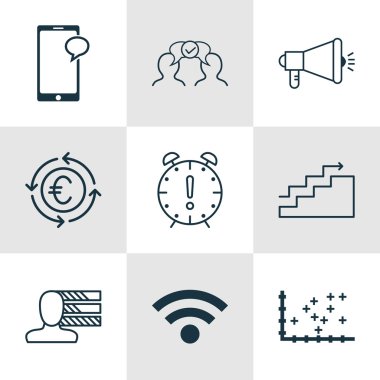 İnsan kaynakları, reklam ve bilgisayar donanım konuları için 9 evrensel düzenlenebilir simgeler kümesi. Para birimi geri dönüşüm gibi zaman yönetimi, arsa Diyagram ve diğer simgeler içerir.