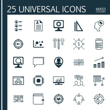 Reklam, Eğitim ve İnsan Kaynakları Konuları için 25 Evrensel Editable Simgeler Set. Para Birimi Geri Dönüşümü, Karar Verme, İnsan Aklı Ve Daha Fazlası Gibi Simgeleri Içerir.