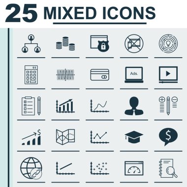 Proje Yönetimi, İstatistik ve Reklam Konuları için 25 Evrensel Editable Simgeler Kümesi. Karar Verme, Video Oynatıcı, Yönetici ve Daha Fazlası Gibi Simgeleri Içerir.