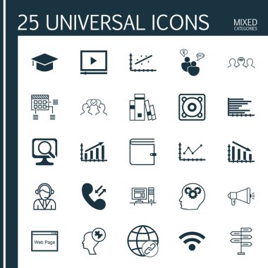 İnsan Kaynakları, Proje Yönetimi ve Reklam Konuları için 25 Evrensel Editable Simgeler Kümesi. İnsan Aklı, Bilgisayar, Video Oynatıcı Ve Daha Fazlası Gibi Simgeler Içerir.