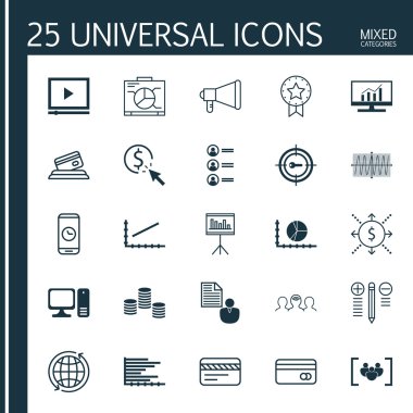 Seo, İstatistik ve Bilgisayar Donanım Konular için 25 Evrensel Editable Simgeler Ayarlayın. Plastik Kart, Arama Süresi, Sunum Ve Daha Fazlası Gibi Simgeleri Içerir.