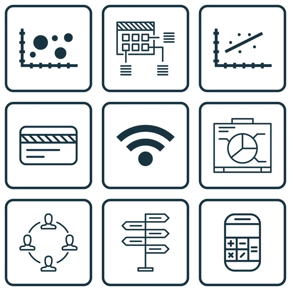 Set von 9 universell editierbaren Symbolen für Projektmanagement, Statistik und Reisethemen. enthält Symbole wie Berechnung, drahtloses Internet, Vergleich und mehr. — Stockvektor