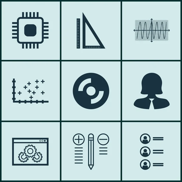 Set Of 9 Universal Editable Icons For Computer Hardware, Project Management And SEO Topics. Includes Icons Such As Measurement, Website Performance, Business Woman And More. — Stock Vector