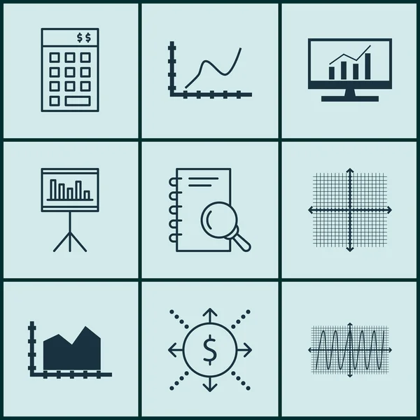 Set di 9 icone modificabili universali per statistiche, marketing e argomenti di gestione del progetto. Include icone come grafica di sequenza, investimenti, denaro e altro ancora . — Vettoriale Stock