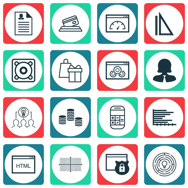 Zestaw 16 uniwersalny można edytować ikony dla statystyki, edukacji i lotniska tematy. Zawiera ikony, takie jak karty kredytowej, muzyka, wydajności strony internetowej i więcej. — Wektor stockowy