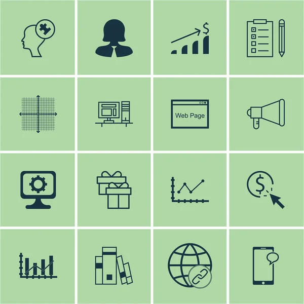 Conjunto de 16 iconos editables universales para gestión empresarial, gestión de proyectos y temas estadísticos. Incluye iconos tales como computadora, anuncio, mensajería y más . — Vector de stock