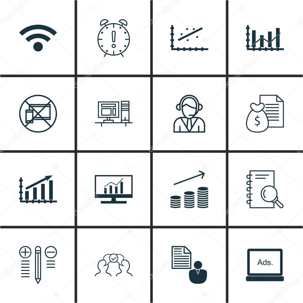 Set Of 16 Universal Editable Icons For Airport, Human Resources And Business Management Topics. Includes Icons Such As Wireless, Raise Diagram, Cooperation And More.