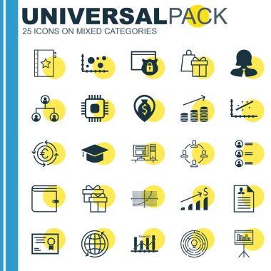 Reklam, İstatistik ve Seyahat Konuları için 25 Evrensel Editable Simgeler Ayarlayın. Sunum, Özgeçmiş, Güvenlik Ve Daha Fazlası Gibi Simgeleri Içerir.