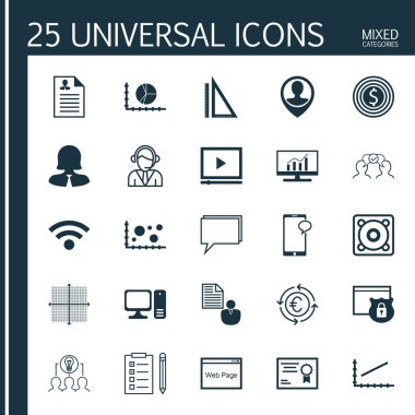 İş Yönetimi, Havaalanı ve Pazarlama Konuları için 25 Evrensel Editable Simgeler Set. Para Birimi Geri Dönüşümü, Masaüstü Bilgisayar, Circle Graph ve Daha Fazlası Gibi Simgeler Içerir.