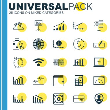 Reklam, Havaalanı ve İstatistik Konuları için 25 Evrensel Editable Simgeler Ayarlayın. Cüzdan, Sunum, Kitaplık ve Daha Fazlası Gibi Simgeleri Içerir.