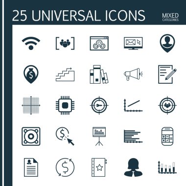Reklam, İstatistik ve Havaalanı Konuları için 25 Evrensel Editable Simgeler Ayarlayın. Line Up, Bülten, İş Kadını Ve Daha Fazlası Gibi Simgeleri Içerir.