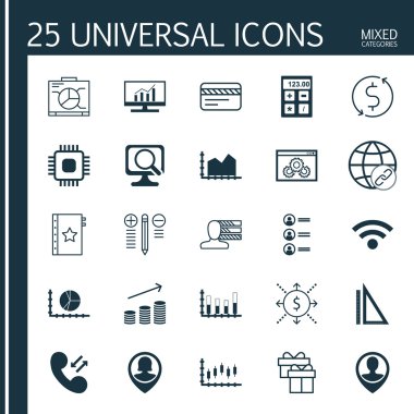 Pazarlama, İstatistik ve Eğitim Konuları için 25 Evrensel Editable Simgeler Kümesi. Circle Graph, Money Trasnfer, Pin Employee Ve Daha Fazlası Gibi Simgeler Içerir.