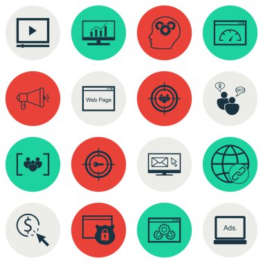 16 evrensel düzenlenebilir simgeleri bir dizi pazarlama, Seo ve reklam konular için. Soru formu, beyin sürecinin, dijital medya ve daha fazlası gibi simgeleri içerir.