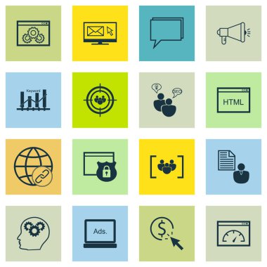 Beyin sürecinin, Ppc ve anahtar kelime optimizasyonu konularda reklam simgeler kümesi. Düzenlenebilir vektör çizim. Bülten, görüntüleme ve güvenlik vektör simgeler içerir.