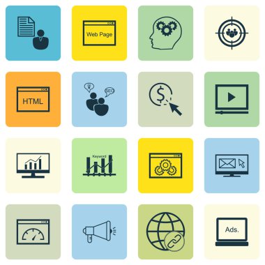 16 evrensel düzenlenebilir simgeleri bir dizi pazarlama, Seo ve reklam konular için. Pazar araştırması, Web sitesi performans, odak grup ve daha fazlası gibi simgeleri içerir.
