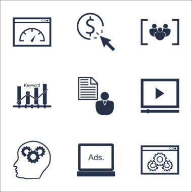 Dijital medya, Video oynatıcı ve Ppc konular üzerinde reklam simgeler kümesi. Düzenlenebilir vektör çizim. Ödeme, Plan ve hız vektör simgeler içerir.