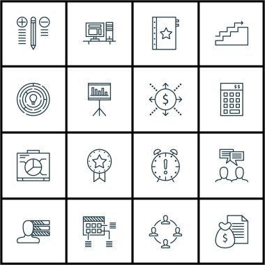 Bilgisayar, para ve rapor konularda proje yönetimi simgeler kümesi. Düzenlenebilir vektör çizim. Kazanmak, içerir yönetimi ve proje vektör simgeleri.