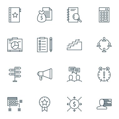 Tartışma, garanti ve yatırım konuları proje yönetimi simgeler kümesi. Düzenlenebilir vektör çizim. Raporda, defter ve grafik vektör simgeleri.