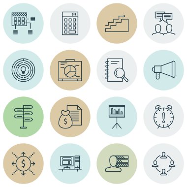 Gemide, fırsat ve zaman yönetimi konuları proje yönetimi simgeler kümesi. Düzenlenebilir vektör çizim. Rapor, karar ve vektör simgeler beyin fırtınası içerir.