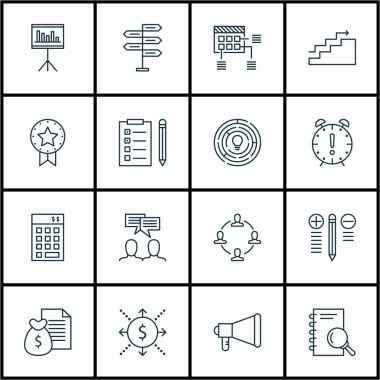 Proje Yönetimi simgeleri analizi, tartışma ve karar verme konular üzerinde ayarlayın. Düzenlenebilir vektör çizim. Plan, para ve hedef vektör simgeler içerir.