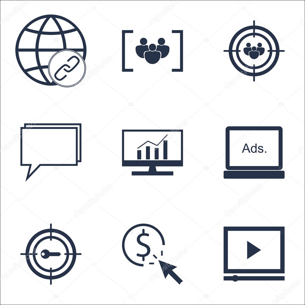 Set Of Advertising Icons On Video Player, Conference And Market Research Topics. Editable Vector Illustration. Includes Consulting, Click And Per Vector Icons.