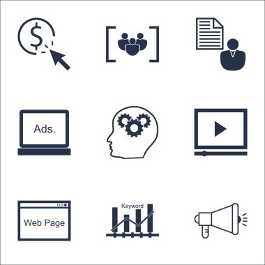 Dijital medya, anahtar kelime optimizasyonu ve rapor konularda reklam simgeler kümesi. Düzenlenebilir vektör çizim. Beyin, içerir odak ve Web vektör simgeleri.